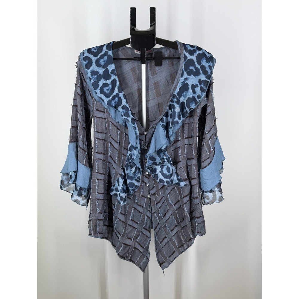 Pretty Angel Blue Gray Leopard Ruffle Linen Blend Asymmetrical Cardigan Top L